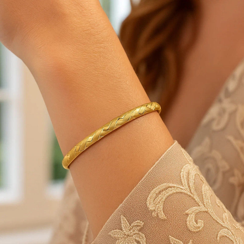 14k Yellow Gold Domed Bangle with a Weave Motif (6.00 mm)