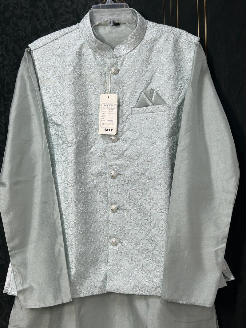 Light grey silk kurta set with jacket