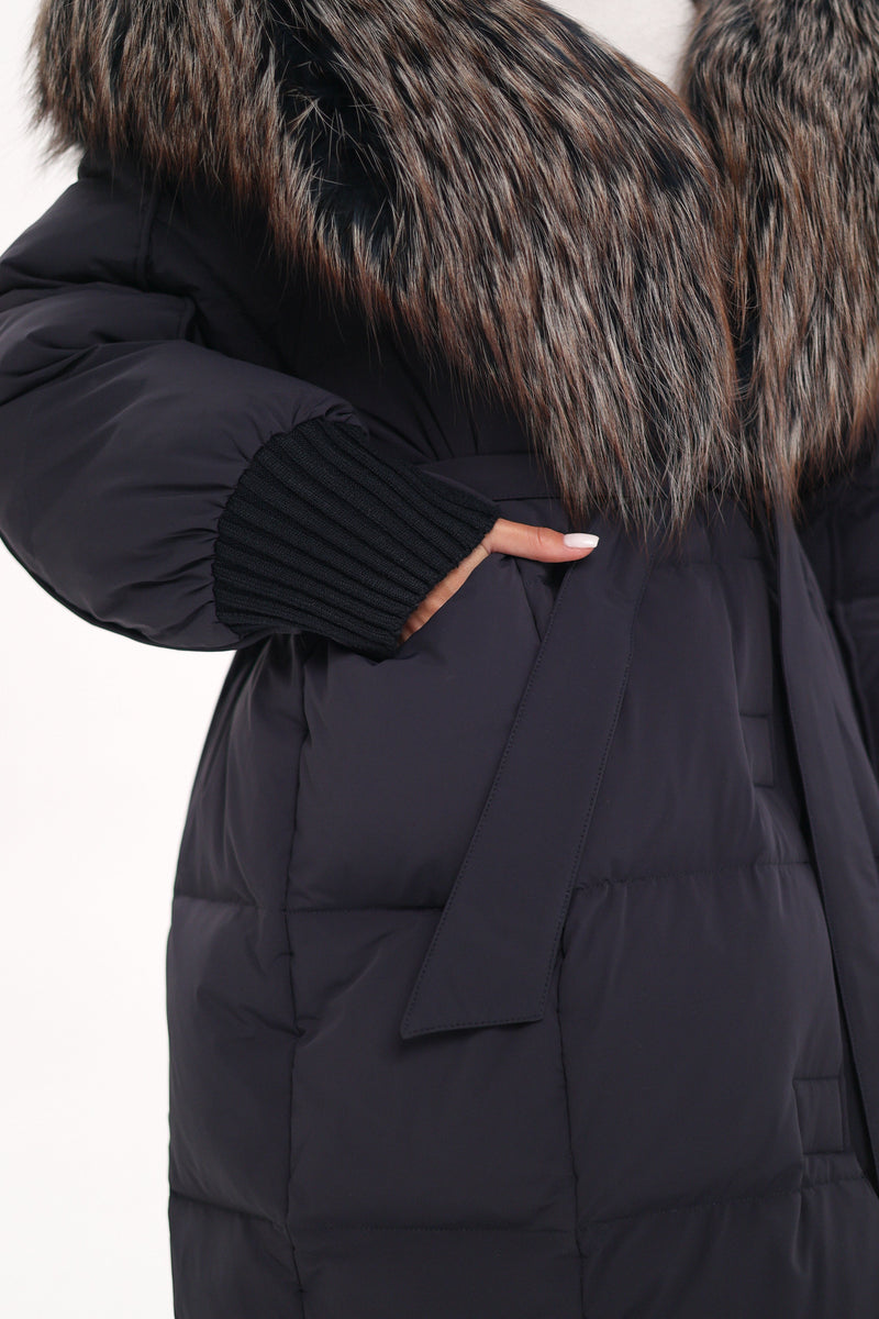 Rei Genuine Fur Trim Hooded Down Coat in Navy