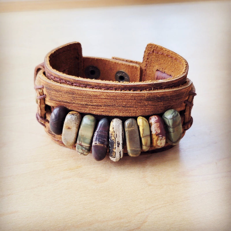 Genuine Leather Cuff with Picasso Jasper Gemstone Chunks 005c