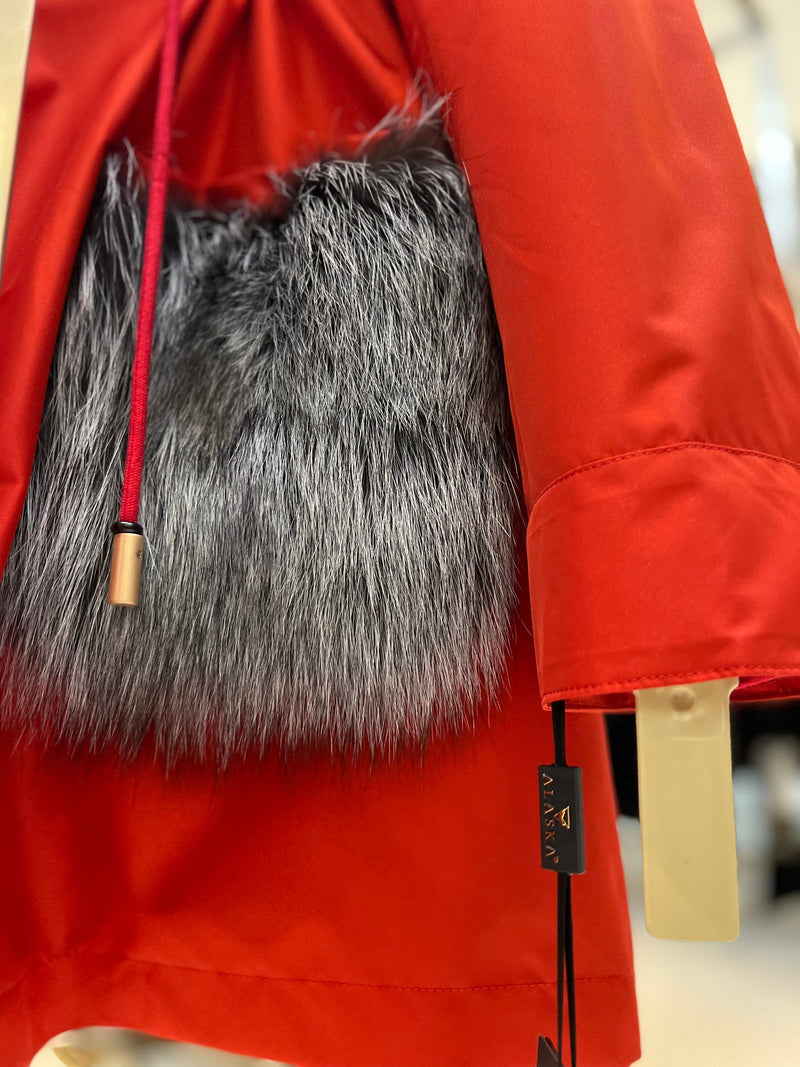 Roma Genuine Silver Fox Fur Rabbit Fur Insulated Parka in Red