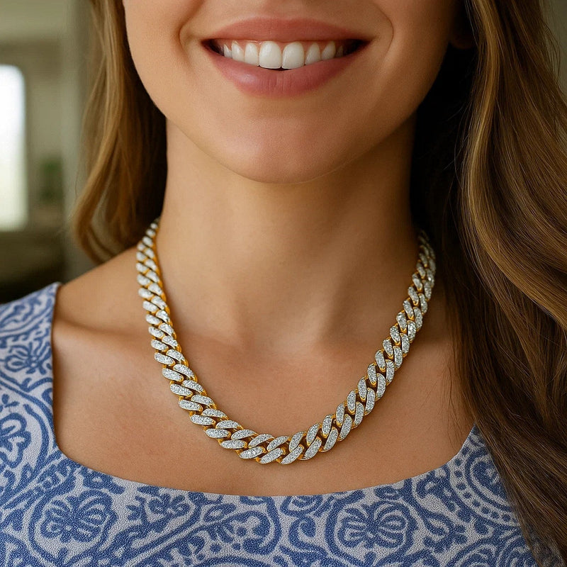 14k Two Tone Gold Miami Cuban Chain Necklace with White Pave