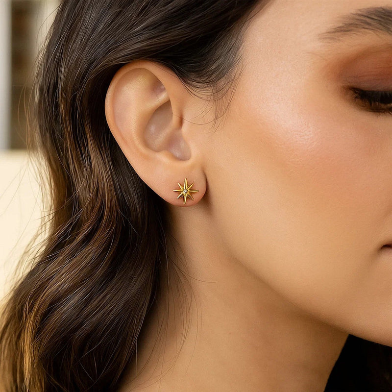 14K Yellow Gold High Polish North Star Diamond Earrings