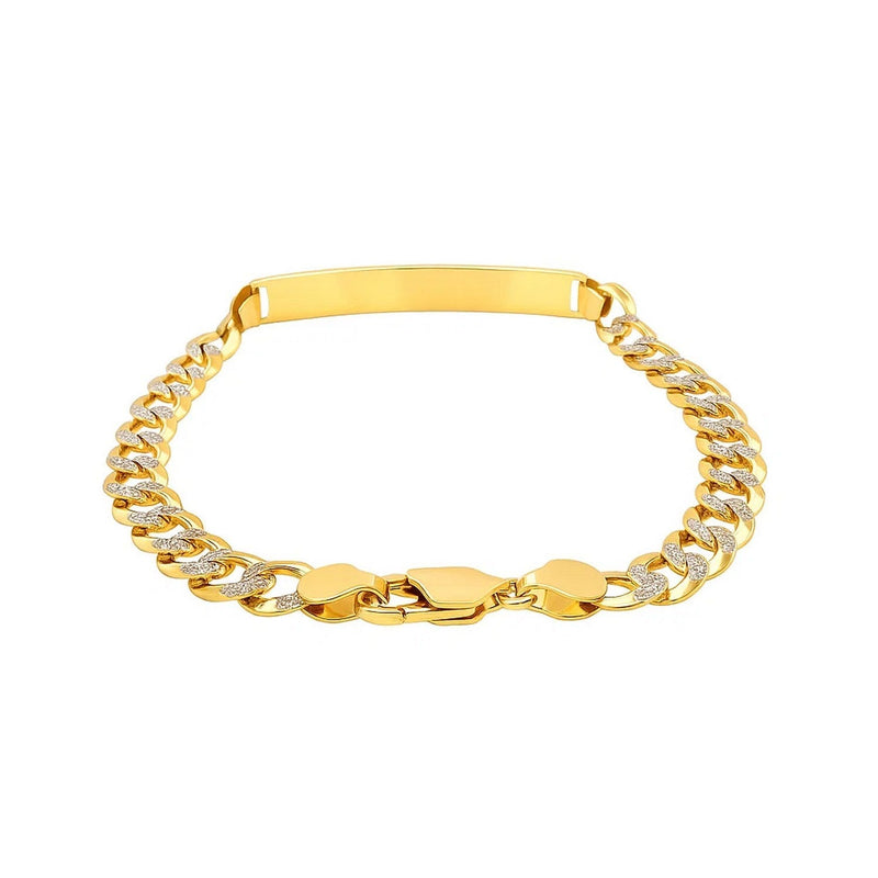 14k Two Tone Gold Mens Narrow Curb Chain ID Bracelet with White Pave (6.70 mm)