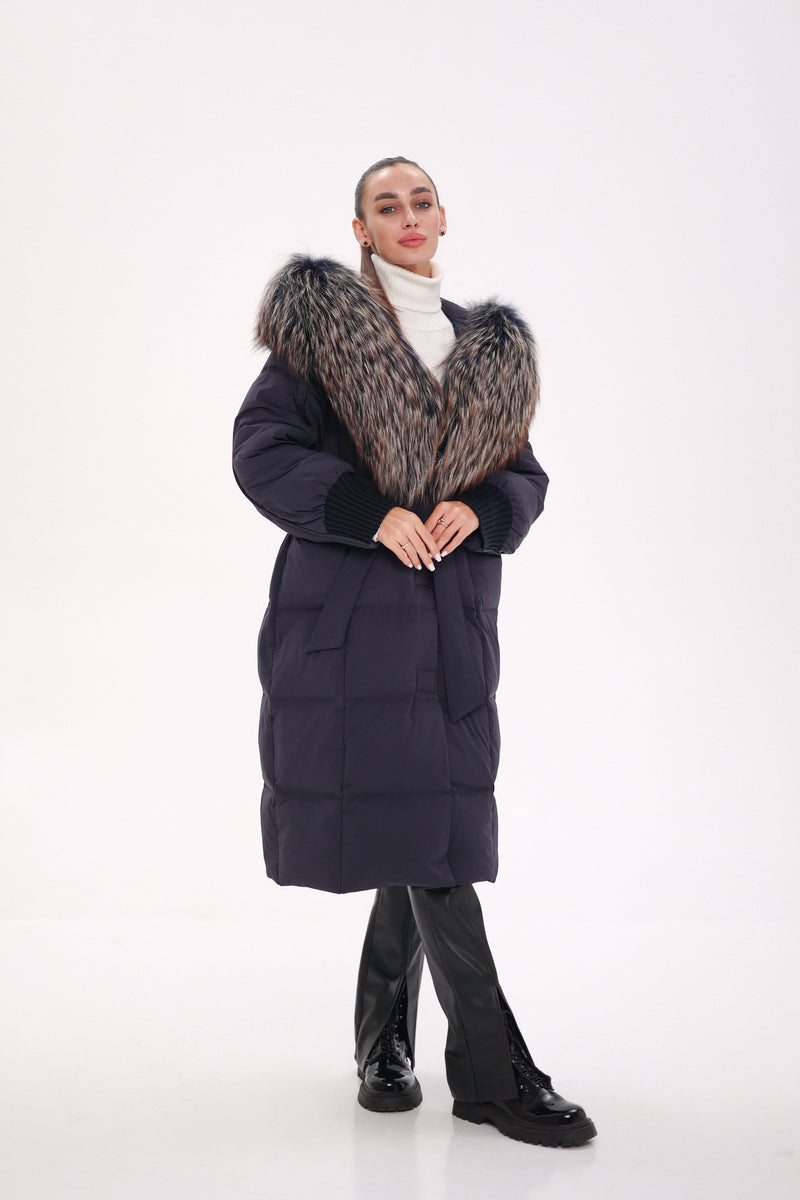 Rei Genuine Fur Trim Hooded Down Coat in Navy