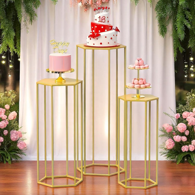Hex Wedding Cake Stands | 3-Piece Set Gold Metal Pedestals
