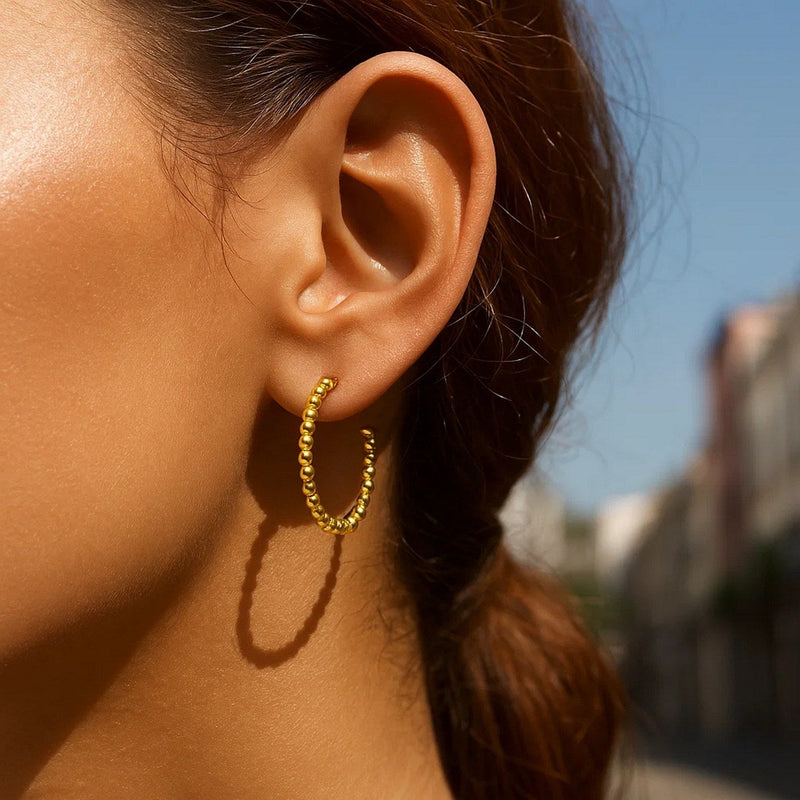 14K Yellow Gold Bead Hoop Earrings(2x23.4nn)
