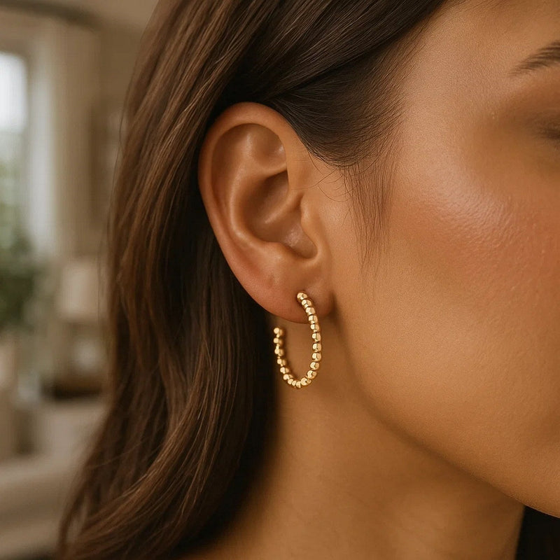14K Yellow Gold Bead Hoop Earrings(2x23.4nn)