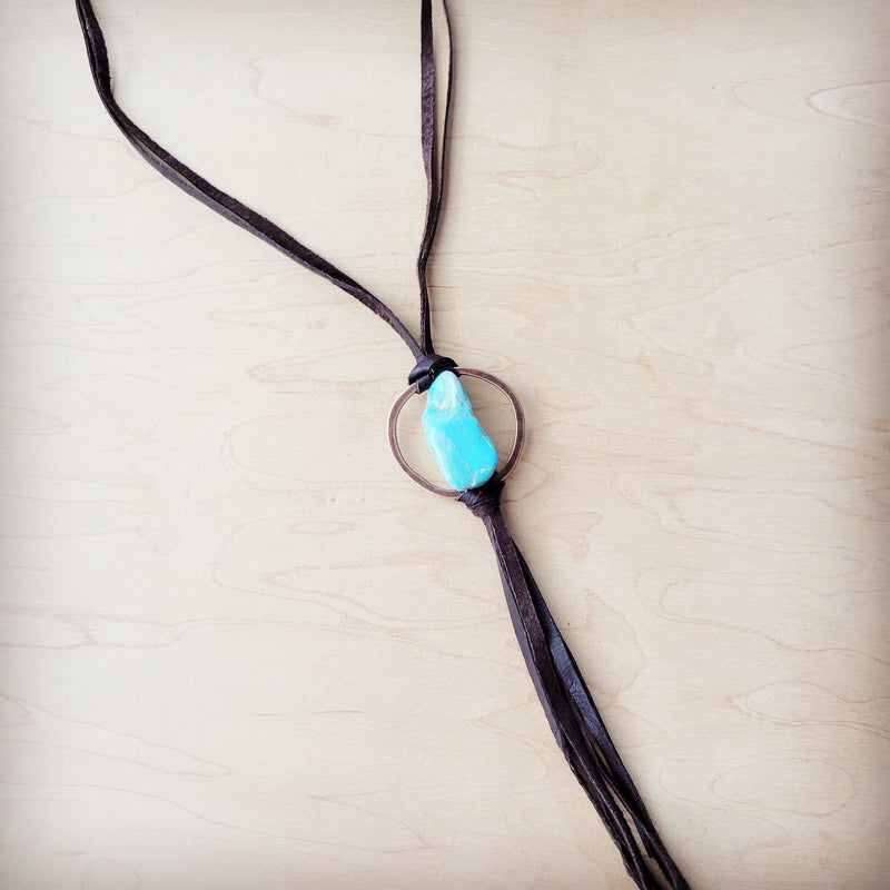 **Brown Boho Leather Necklace w/ Large Turquoise Chunky Pendant 261m