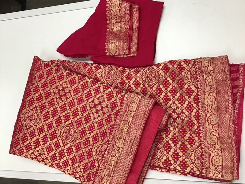 Dark pink  banarasi bandhini saree