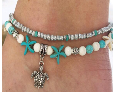 Turquoise Turtle Two Row Anklets