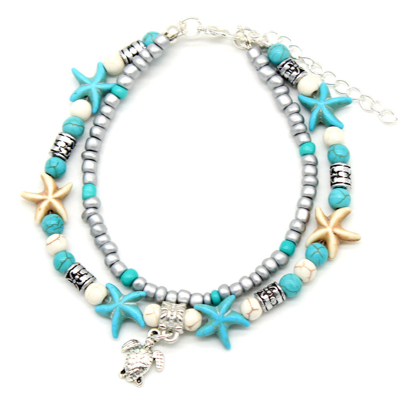 Turquoise Turtle Two Row Anklets