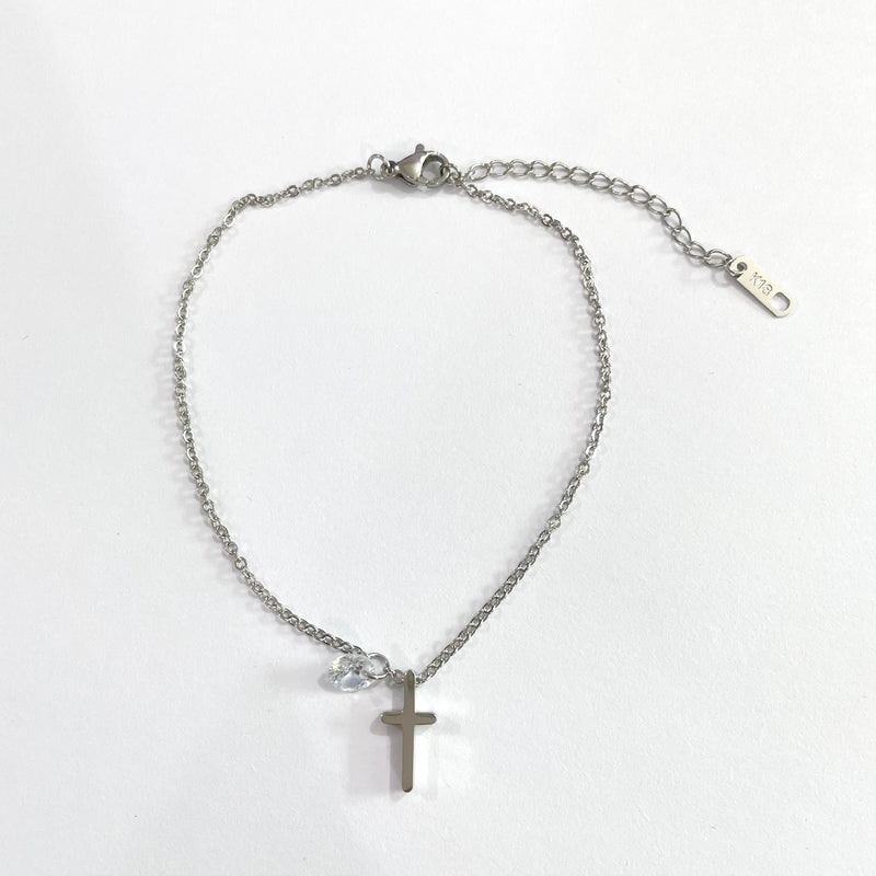 Stainless Steel Cross and Crystal Anklet