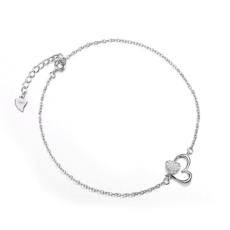 14k Rose Gold and Sterling Silver Heart Anklet with Crystals