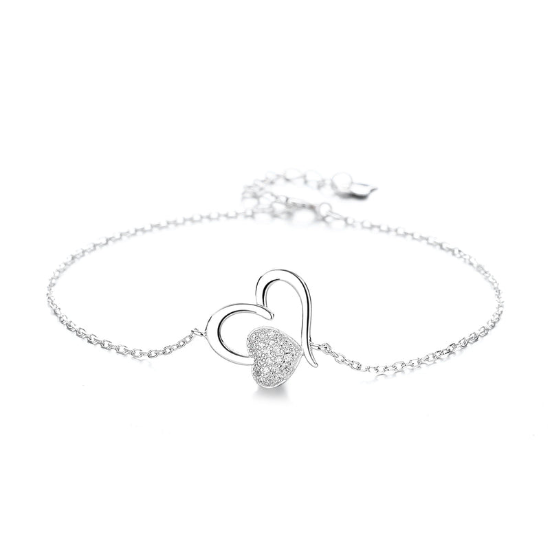 14k Rose Gold and Sterling Silver Heart Anklet with Crystals