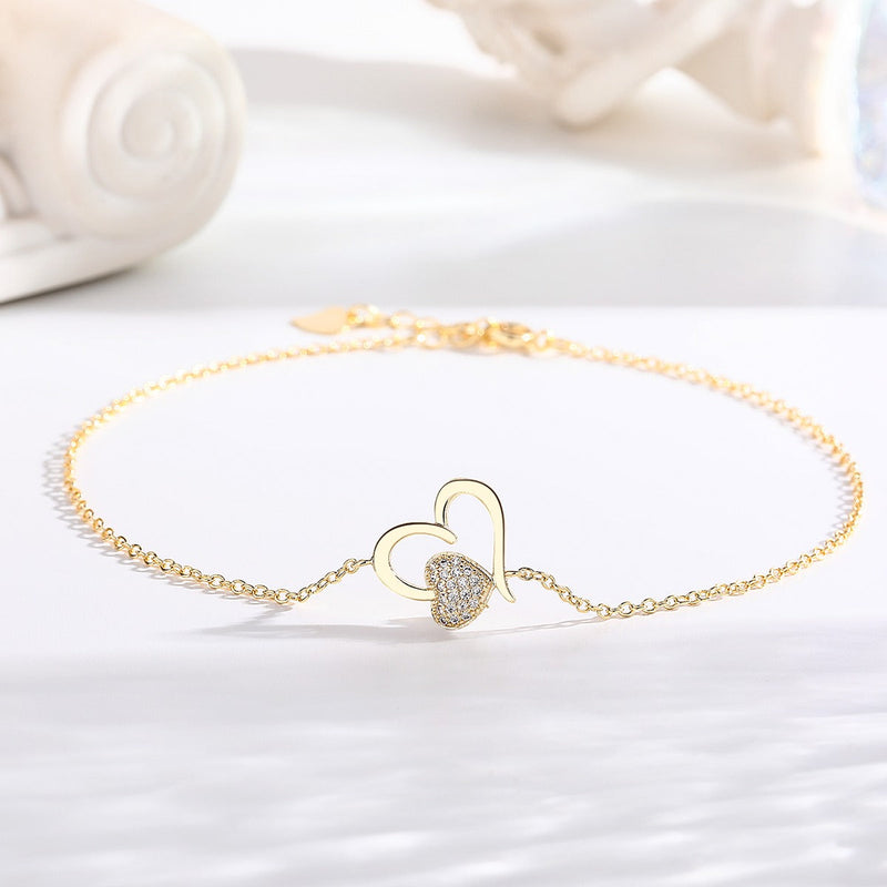 14k Rose Gold and Sterling Silver Heart Anklet with Crystals