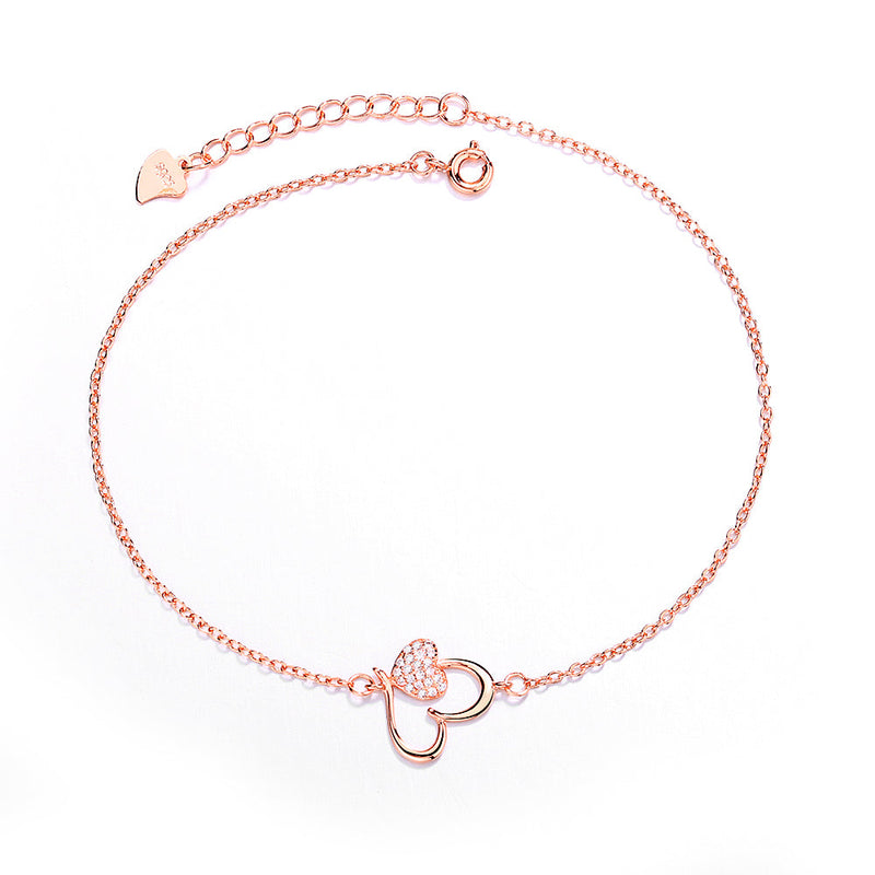 14k Rose Gold and Sterling Silver Heart Anklet with Crystals