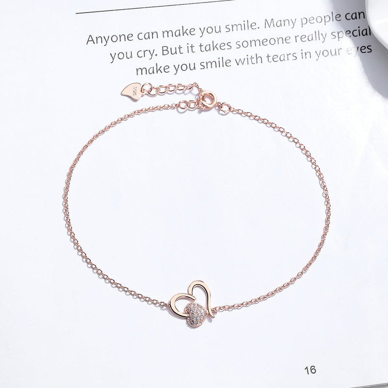14k Rose Gold and Sterling Silver Heart Anklet with Crystals
