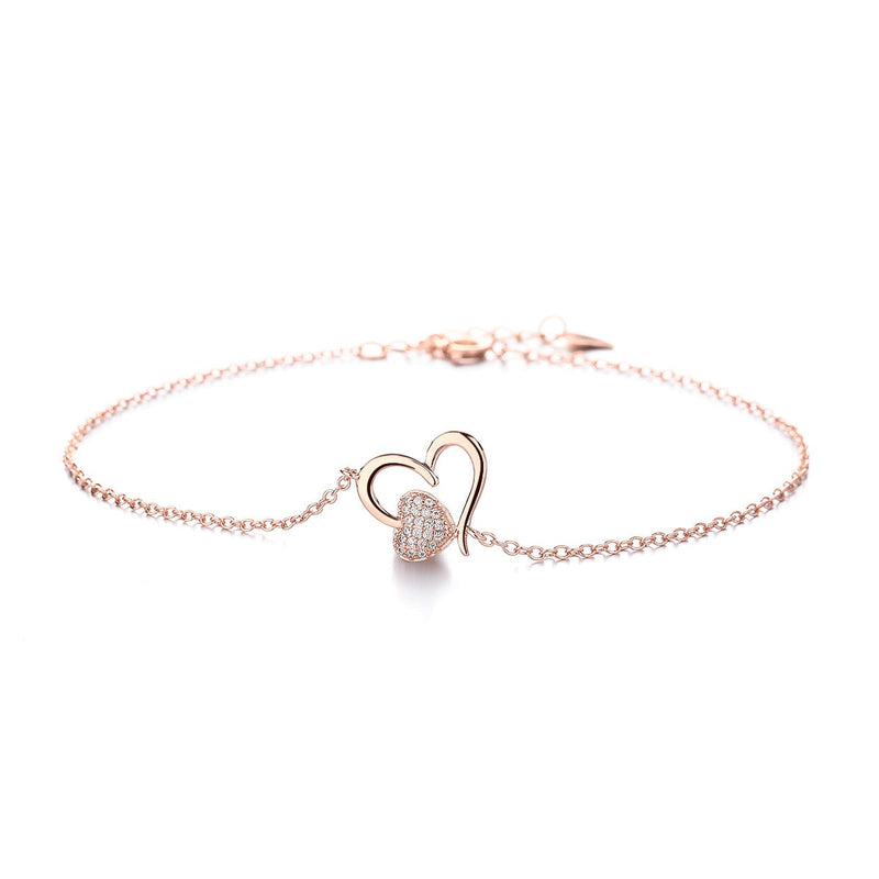 14k Rose Gold and Sterling Silver Heart Anklet with Crystals