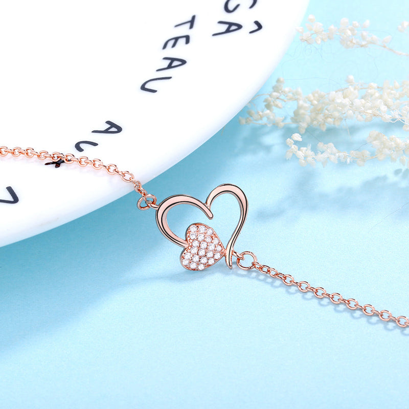 14k Rose Gold and Sterling Silver Heart Anklet with Crystals