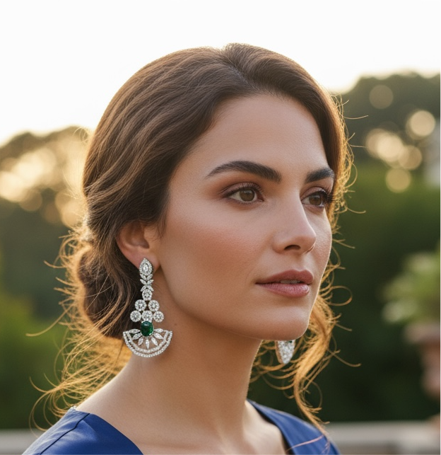 AD earrings with emerald green stone