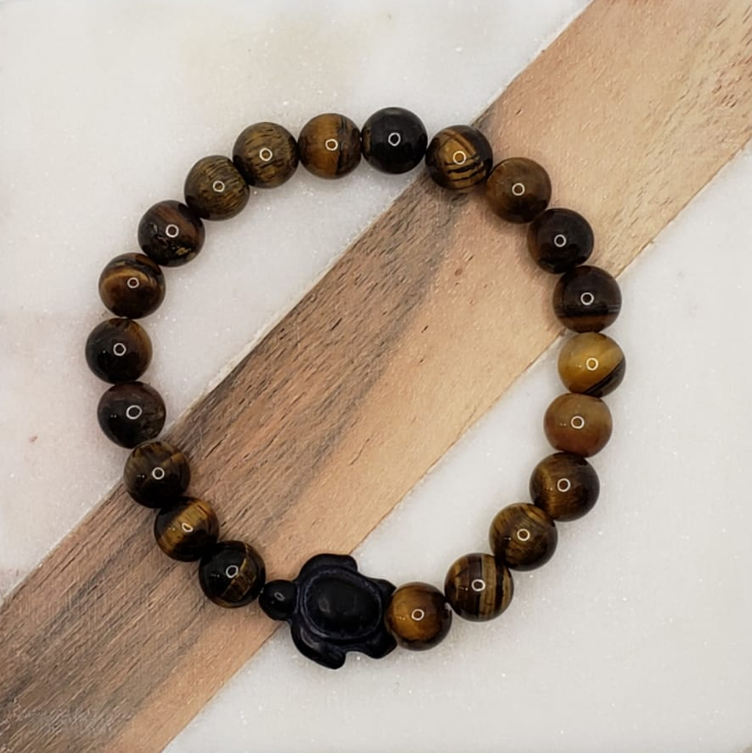 Genuine Tiger Eye Turtle Ball Bead Bracelet