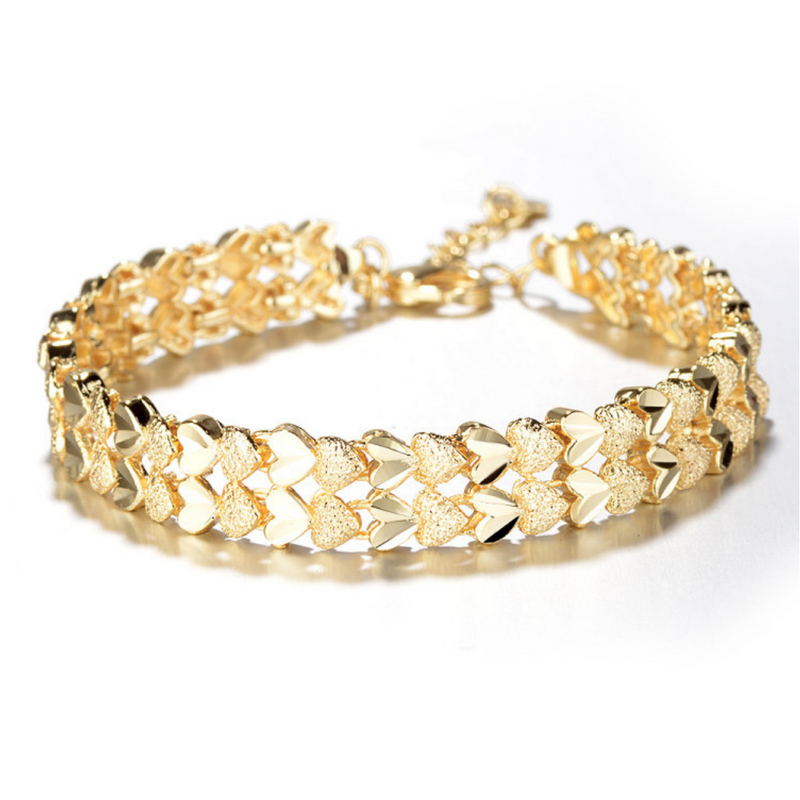 18K Gold Diamond Cut Two Row Heart Bracelet