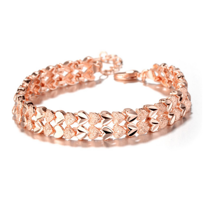 18K Gold Diamond Cut Two Row Heart Bracelet