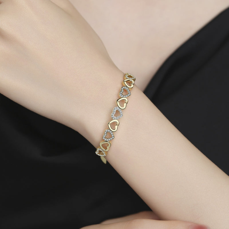 14K Gold Hearts Bangle Adjustable Bracelet with crystals from Swarovski