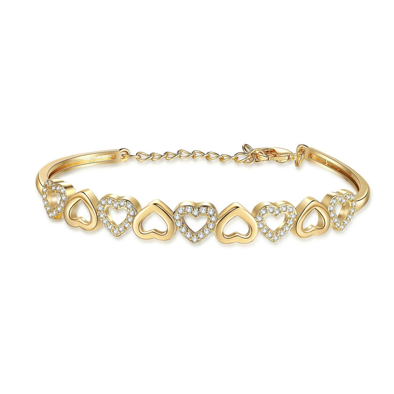 14K Gold Hearts Bangle Adjustable Bracelet with crystals from Swarovski