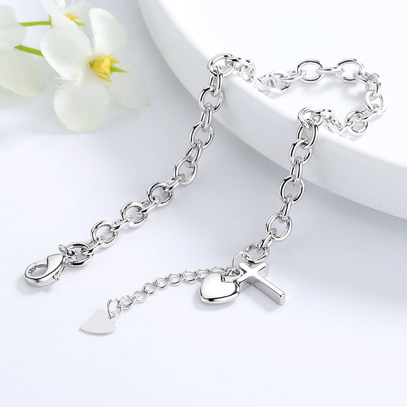 Sterling Silver Heart and Cross Bracelet