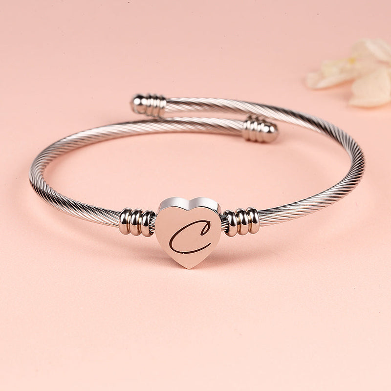 Twisted Steel Heart Cable Initial Bracelet