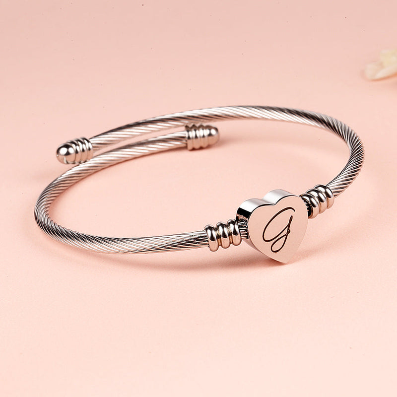 Twisted Steel Heart Cable Initial Bracelet