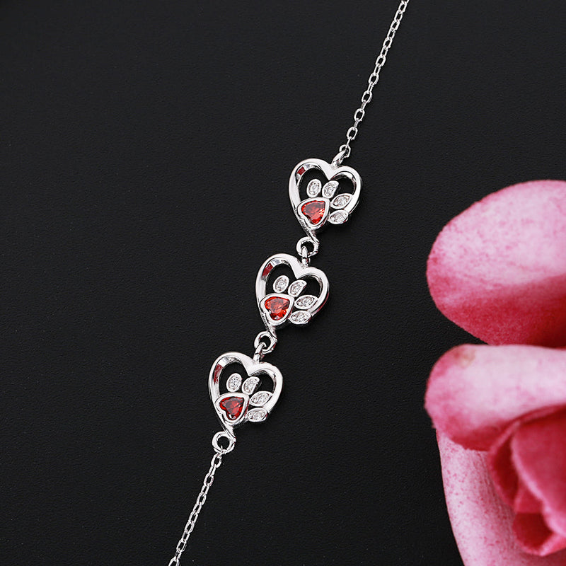 14K White Gold Paw Print Hearts with Garnet Gemstones (Animal Lovers) Bracelet