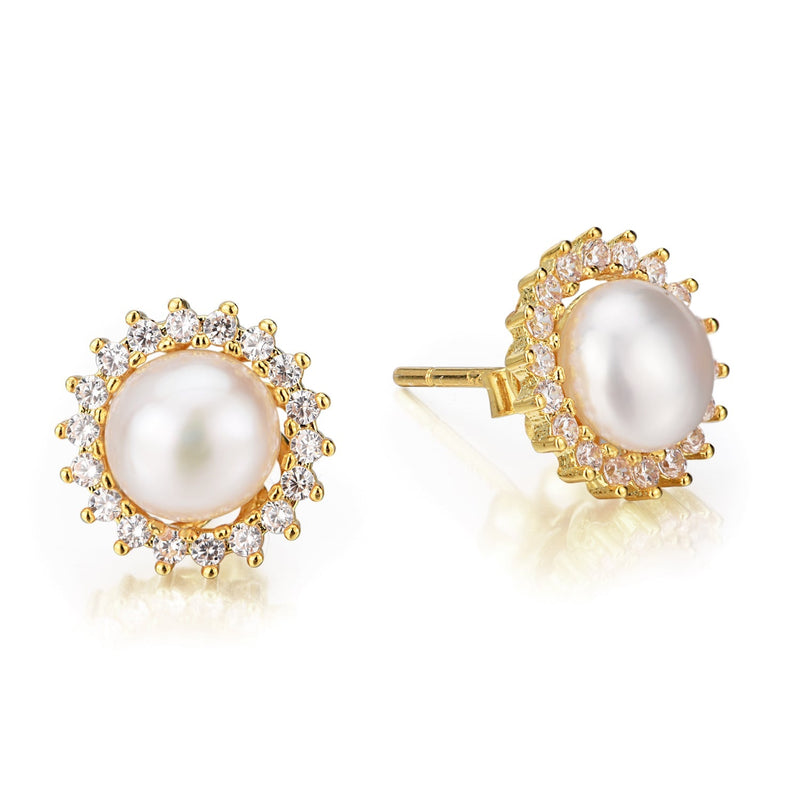 18k Gold and Sterling Silver & Cultured Pearl Halo Stud Earrings