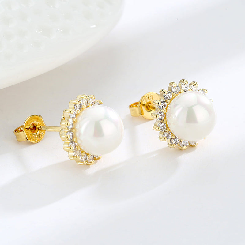 18k Gold and Sterling Silver & Cultured Pearl Halo Stud Earrings