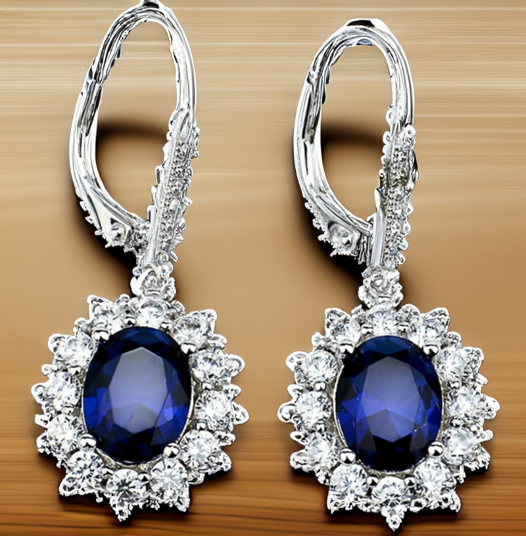 18K White Gold Sapphire Halo Leverback Earrings
