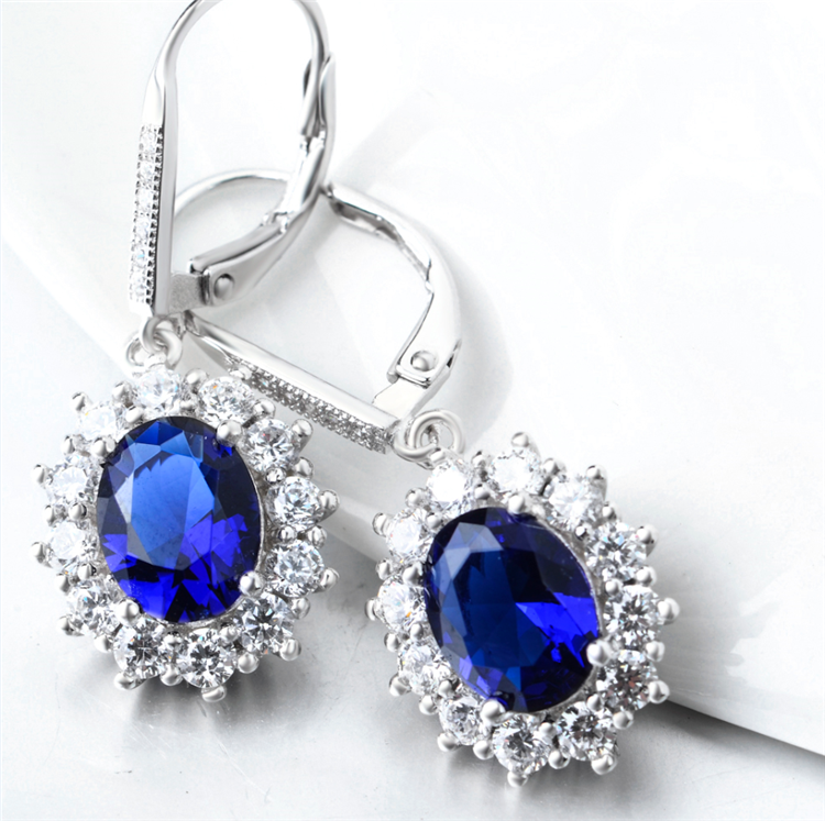 18K White Gold Sapphire Halo Leverback Earrings