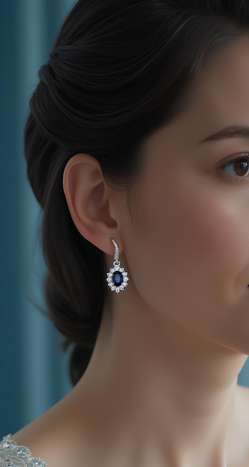 18K White Gold Sapphire Halo Leverback Earrings