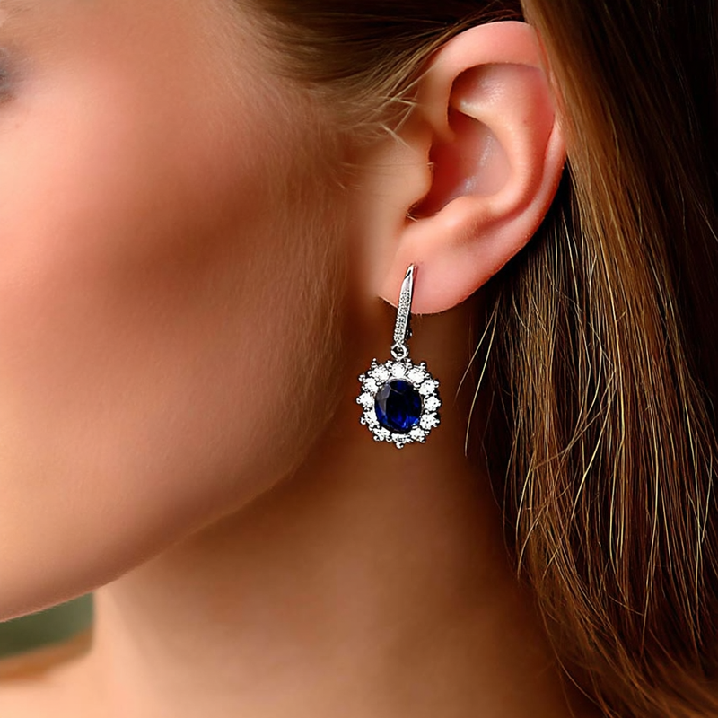 18K White Gold Sapphire Halo Leverback Earrings