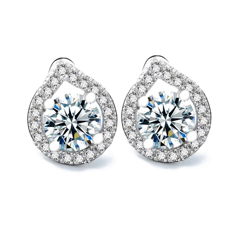 Halo Crystal Stud Tear Drop Earrings in 14K white gold