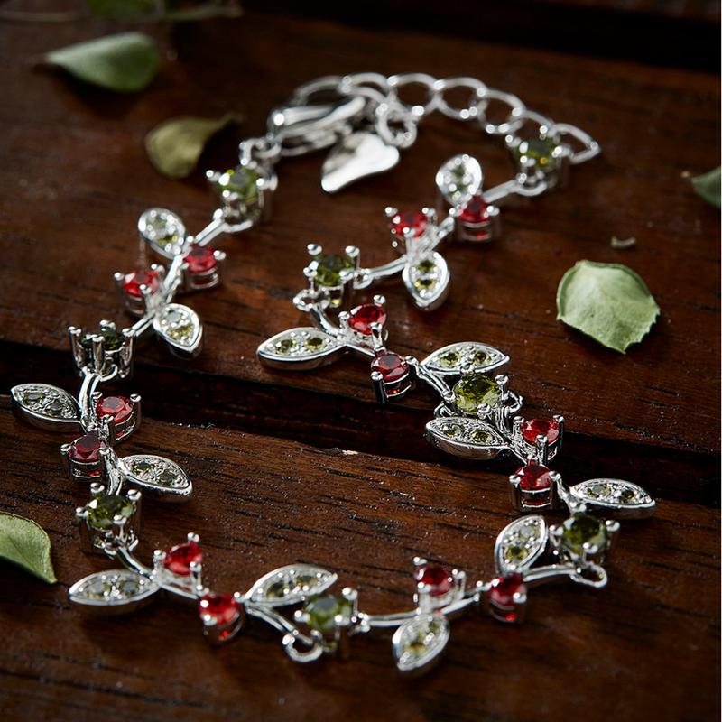 Sterling Silver Garnet and Peridot Rose Flower Bracelet