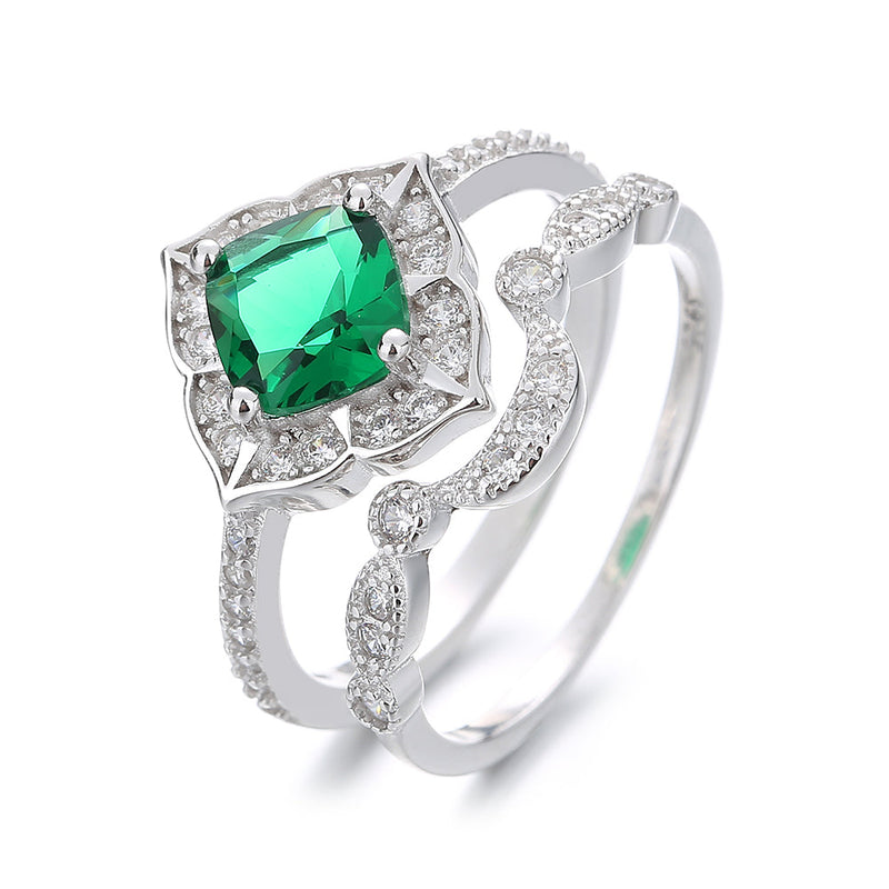 14K White Gold Two Piece Emerald Stacking Ring Set