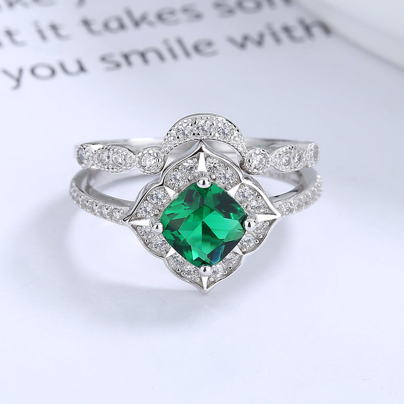 14K White Gold Two Piece Emerald Stacking Ring Set