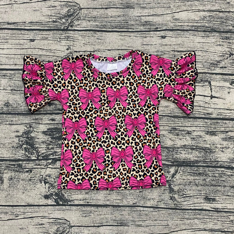 Leopard bow ribbed ruffle top