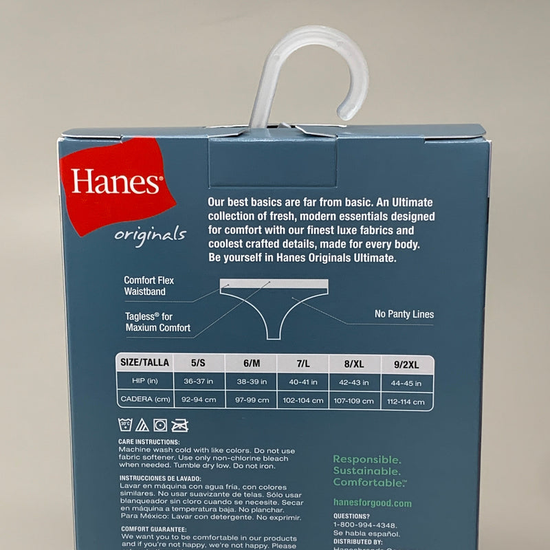 HANES 3 PACK!! Originals Women's Breathable Cotton Stretch Thongs Underwear Sz 8/XL Blue/Buff/Pink 45OUBT
