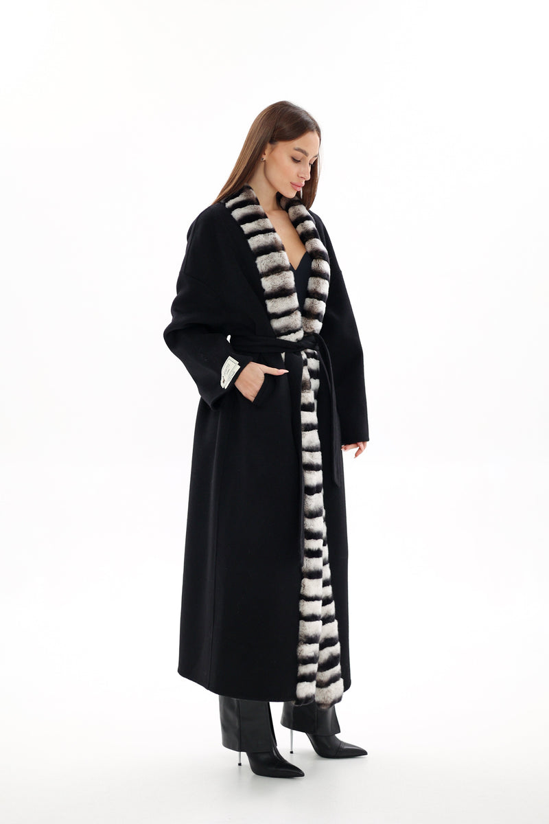 Genuine  French Orylag Fur Italian Cashmere Wool Coat