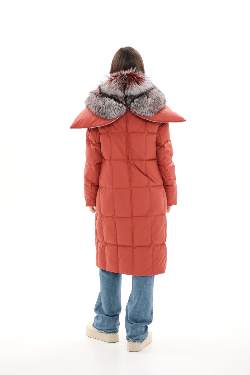 Genuine Silver Fox Fur Trim Down Coat