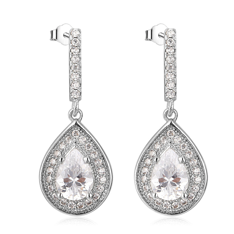 Drop & Dangle Oval Halo Studded Earrings in 14K White Gold