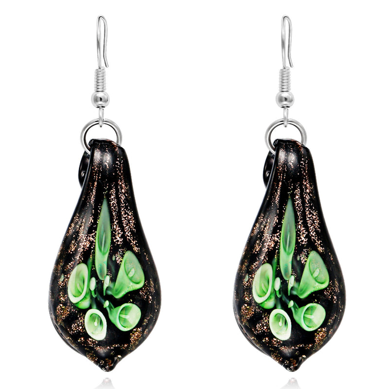14K White Gold Murano Glass Green Drop Earrings